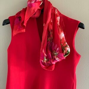 Chic Red Midi Dress with Floral Scarf